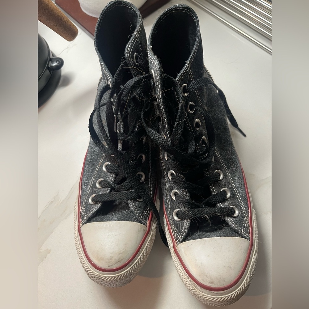 Converse denim high tops with back zipper detail.